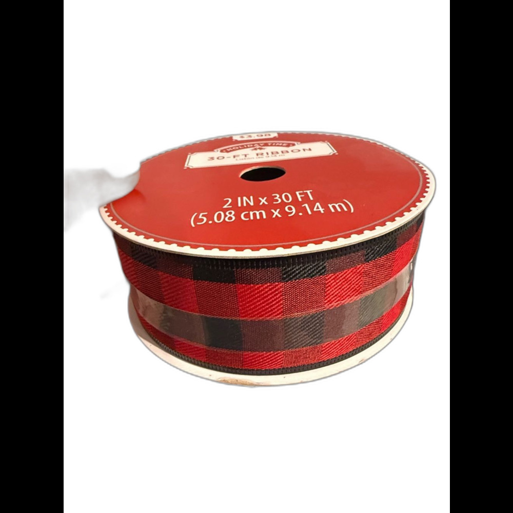 2" x 30ft Red Black Buffalo Plaid Wired Ribbon Holiday Time Christmas
